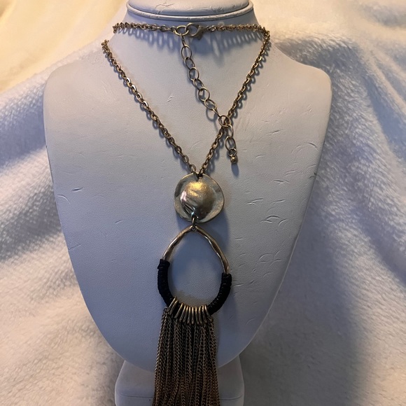 Goldtone Hammered Tassel Disc Pendant Necklace - Picture 2 of 6